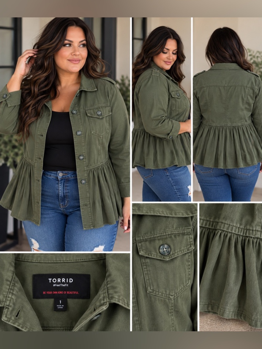💚 Torrid 1X Olive Green Ruffle Peplum Utility Jacket